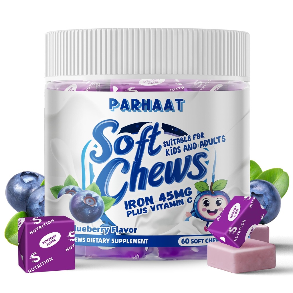 Iron Soft Chew Supplement med C-vitamin | Blueberry smaksatt | Glutenfri | Järntillskott för kvinnor män och barn | 60 greve | 2 månaders leverans