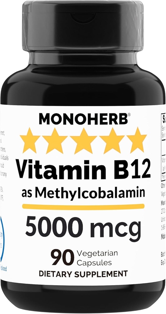 MONOHERB-vitamiini B12 Metyylikobalamiini 5000 mikrog - 90 kasvissyöjäkapselia - B12 Metyyli