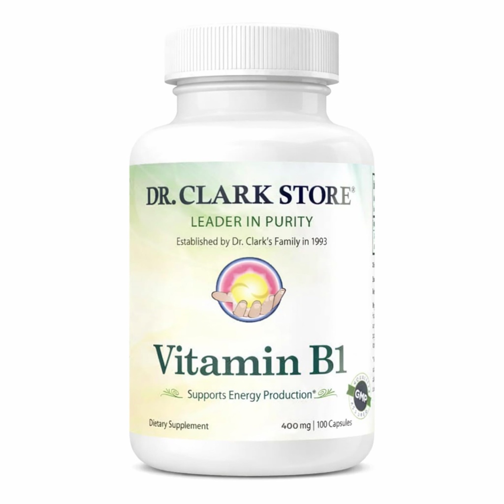 Dr Clark Vitamin B1 Thiamine 400mg Supplement -Thiamine B1 Supplement för hälsosamt nervsystem och energimetabolism, glutenfri, mejerifri - 100 Gelatin kapslar