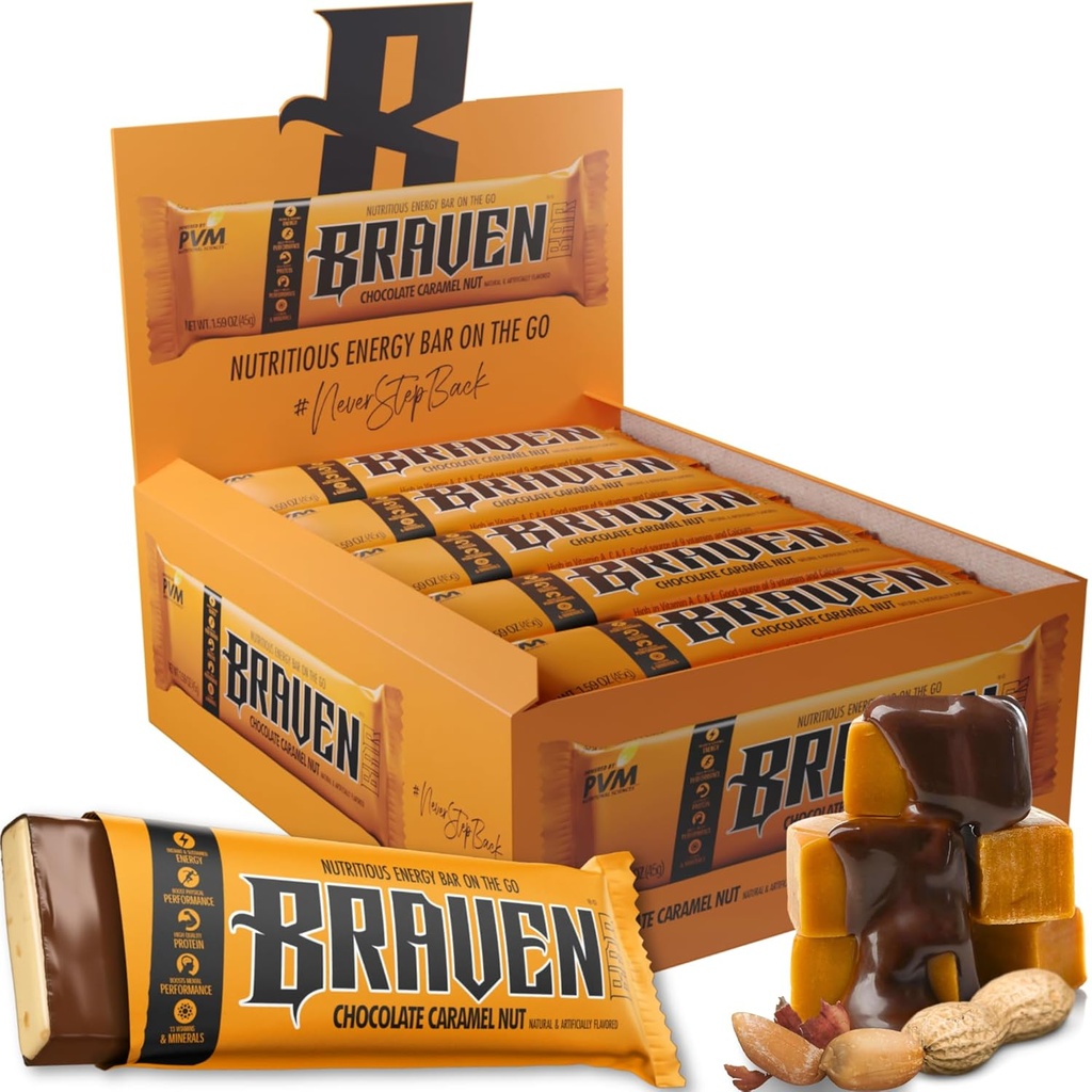 Braven Bar Chocolate Caramel Nut Energy Bars (1,59 oz, Pack of 20) - Energy Chews med 5g Protein - On-the-Go Energy Snacks för körning, vandring och sport - Gluten Free Snacks för hållbar energi Boost