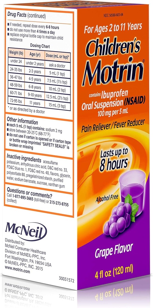 Motrin Children's Oral Suspension Grape Flavor - 4 oz, Pack 4
