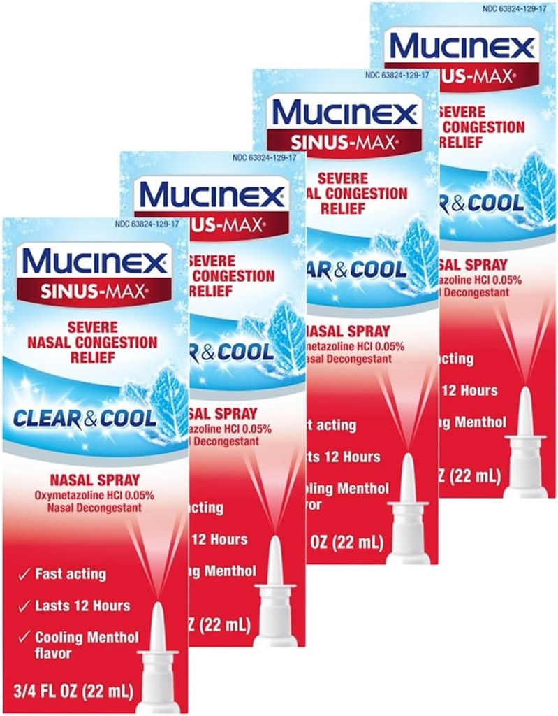 Mucinex Nasal Decongestant Spray, Sinus-Max Severe Nasal Congestion Relief Clear & Cool Nasal Spray, varar 12 timmar, snabbverkande, kylning Menthol Flavor, Packaging May Vary, 0,75 Fl Oz (Pack av 4)