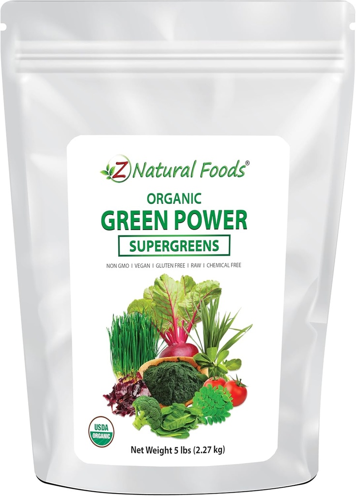 Z Natural Foods Organic Greens Superfood Powder - Ohra Grass, Wheatgrass, Spirulina, Pinaatti, Parsakaali, Alfalfa Leaf, juurijuurikas, Tomaatti, Dulse & Moringa - Raw Vegan Gluten Free - 5lbs