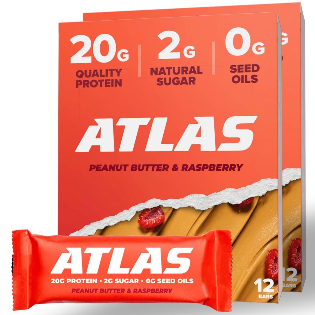 Atlas Protein Bar, 20g Protein, 1g Sugar, Clean Ingredients, Gluten Free (Peanut Butter Raspberry, 12 greve av 2)