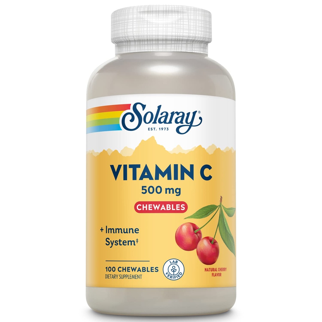SOLARAY Pureskeltava C-vitamiini 500 mg, luonnon kirsikka maku luonnon makeuttajat, antioksidantti ja immuuni tuki täydentää koko ruokapohja, 60 päivän takuu, 100 tarjoilua, 100 purutablettia