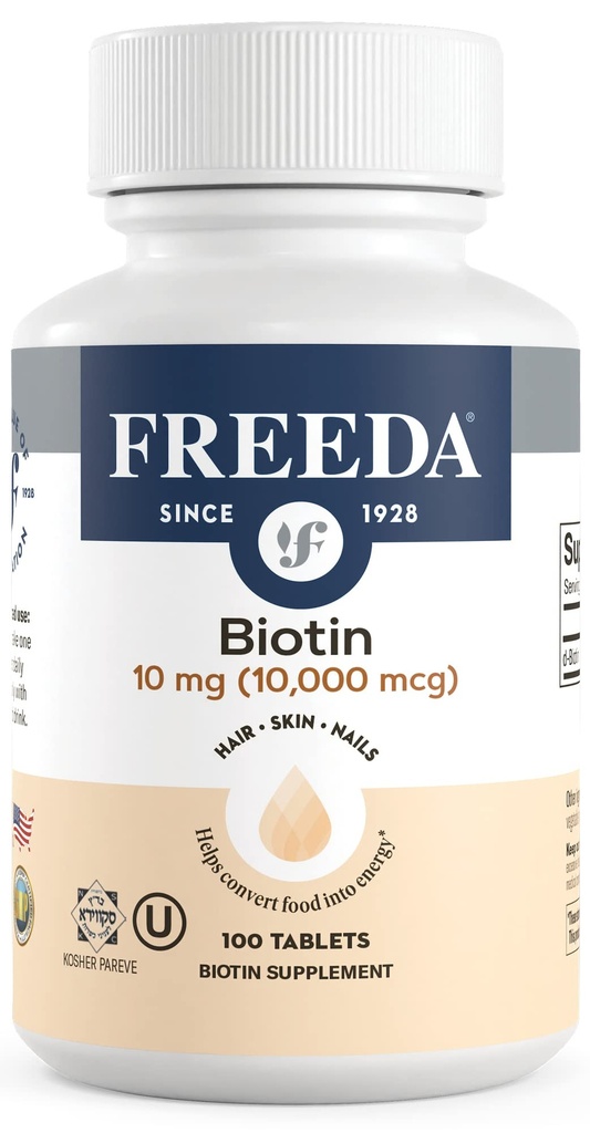 FREEDA Biotin 10 000 mikrog Kosher Hiukset, iho ja kynnet täydentää ... Korkea teho B7 hiusten kasvua ja vahvoja kynsiä...
