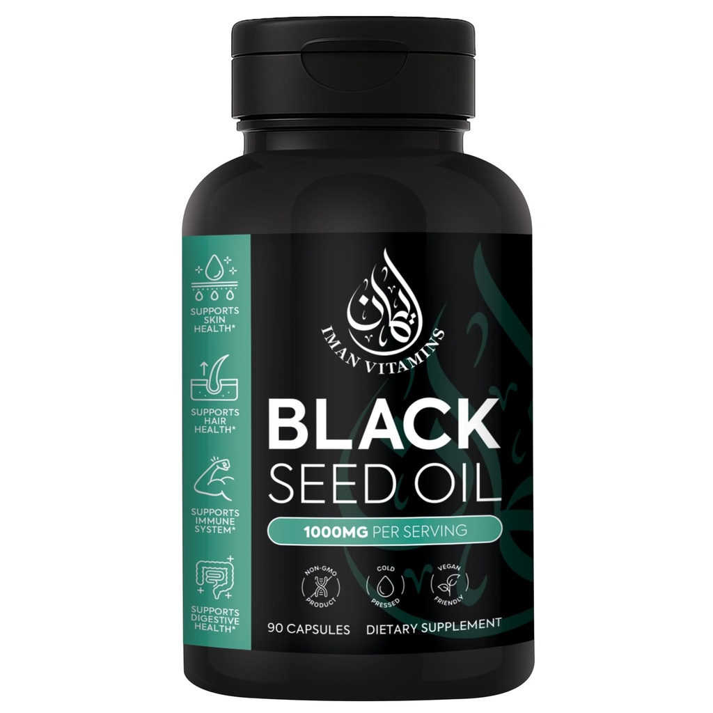 Halal Natural Black Seed Oil Capsules 1000mg Cold Pressed, Vegan, non-GMO Nigella Sativa Capsules, Gluteenittomat pillerit 90 Count, 1000 mg PS