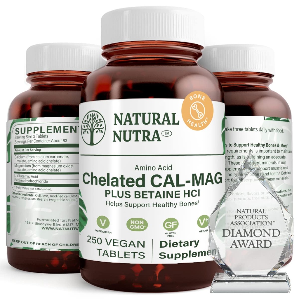 Natural Nutra Chelated Calcium Magnesium 1000/500 mg Supplements Plus Betaine HCL - Chelated Cal Mag förbättrar bendensitet, stöder muskel, tänder, kardiovaskulär och nervhälsa, 250 Vegan tabletter