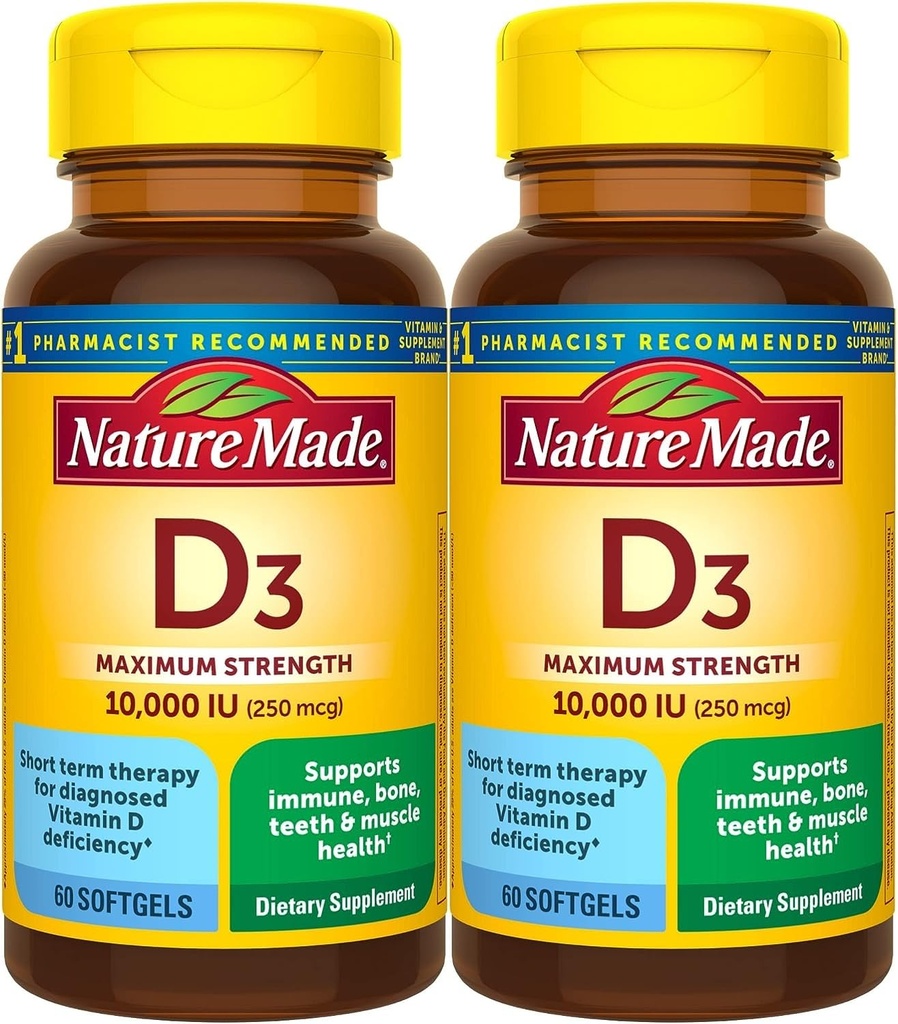 Nature Made Maximum Strength D3 10000 IU (250 mikrog), Ravintolisä luun, hampaiden, lihasten ja immuuniterveyden tukea, 60 Softgels, 60 päivän tarjonta - pakkaus 2