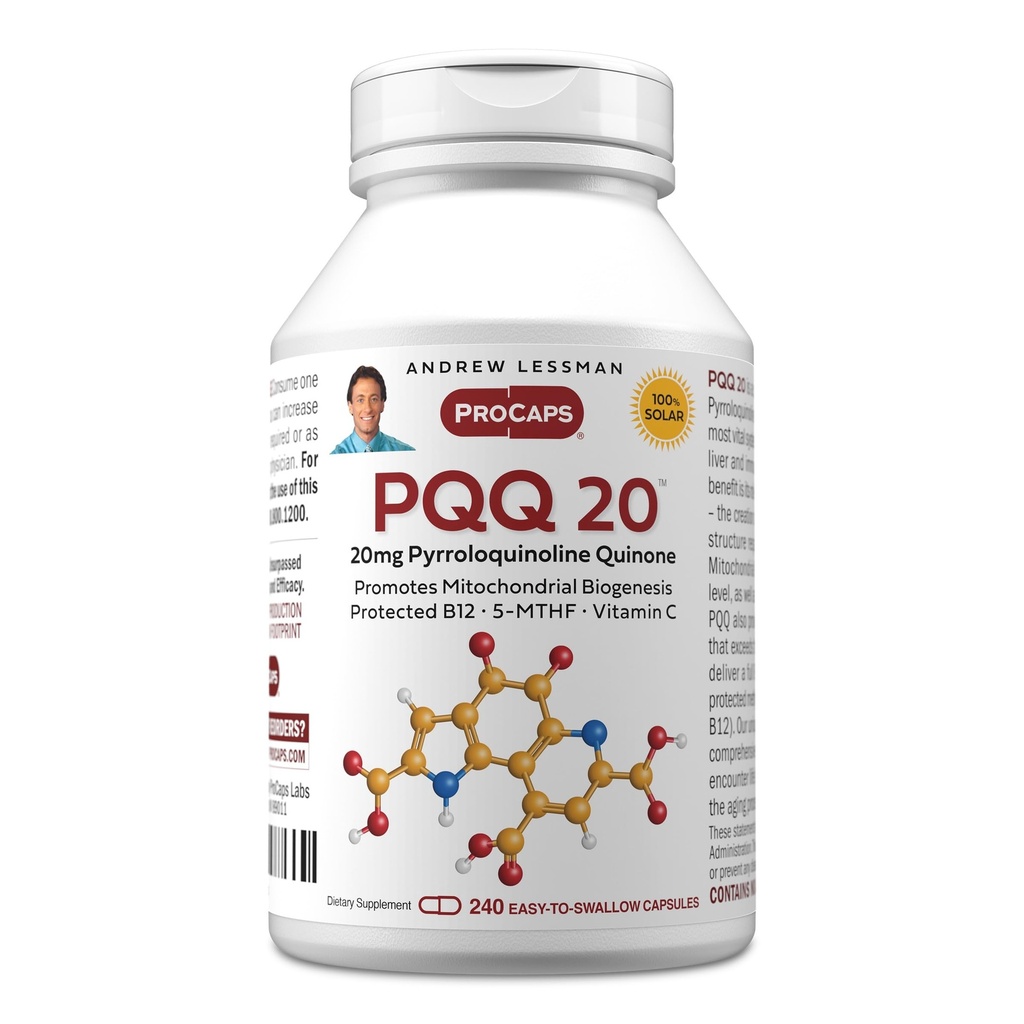 ANDREW LESSMAN PQQ 20 mg - 240 kapselia - 20 mg Pyrrolokinolkinoliini kinone, luonnollinen suojayhdiste tukee Elinelimet, sydän, aivot, maksa, immuunijärjestelmä. Mitokondriobiogeneesi, ei lisäaineita