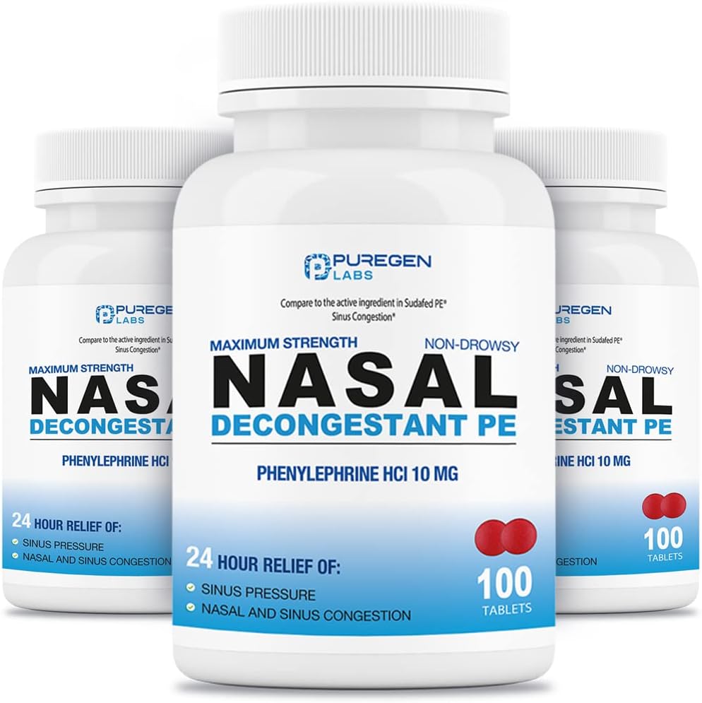 Puregen Labs Nasal Decongestant PE 3 Pack - 300 tabletter Total | Phenylephrine HCl 10 mg | Maximal styrka | Non Drowsy Nasal & Sinus Congestion Relief på grund av kall eller allergier