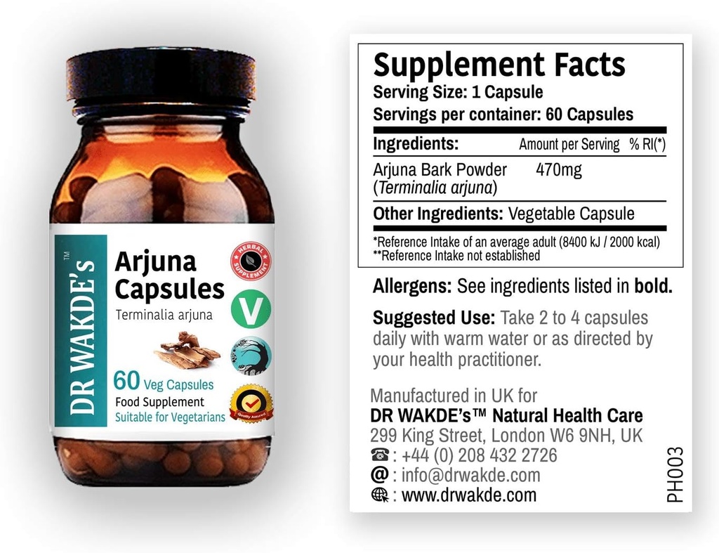 DR WAKDE Arjuna Capsules (Terminalia arjuna) | 60 Veg Caps | Ayurvedic Supplement | Vegan | 100% Herbal | Quantity Discounts | Samma dag Dispatch