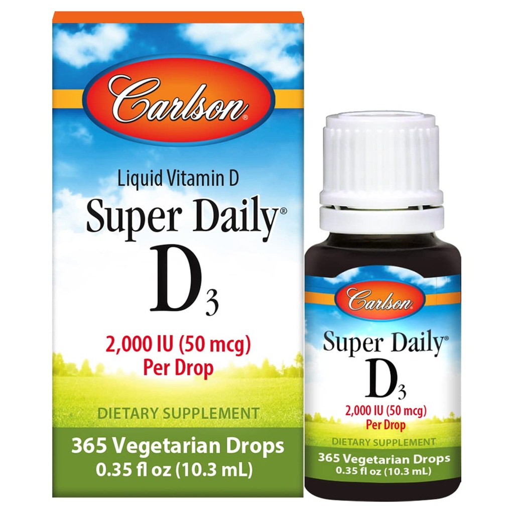 Carlson - Super Daily D3, Vitamiini D Drops, 2000 IU per pudotus, 1-vuosi tarjonta, D3-vitamiini neste, sydän- ja immuuniterveys, kasvissyöjä, nestemäinen D-vitamiini Drops, makuamaton, 365 Drops