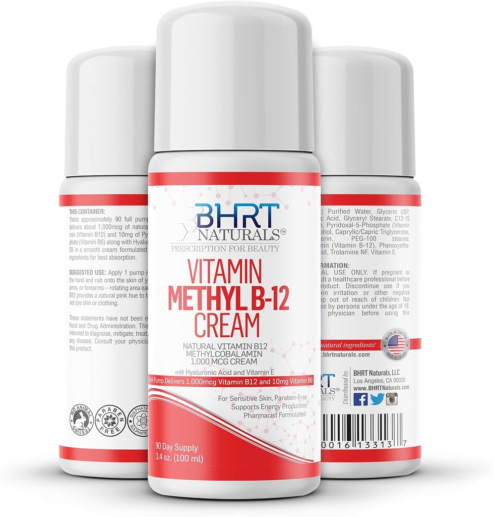 Vitamin B12 Cream 1000mcg - Pharmacist Formulerad - All Natural Methylcobalamin (Methyl B12) & Vitamin B6 Cream för energi, humör och hjärthälsa - Hjälper med Eczema & Psoriasis - USA MADE