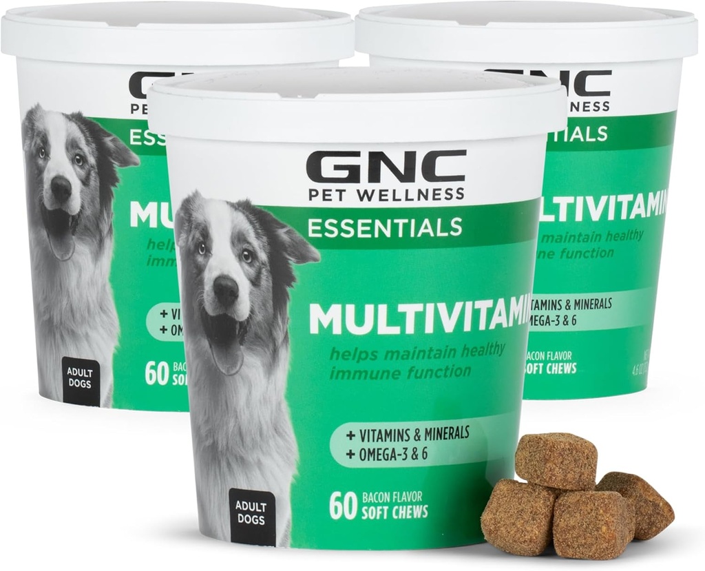 GNC Lemmikit Essentials Dog Multivitamiini pehmeät purut, lohi öljy koira täydentää Bacon Flavor, Immuuni Booster ja iho ja takki tuki Pureskeltava vitamiineja ja kivennäisaineita, 60 Lukumäärä - 3 pakkaus