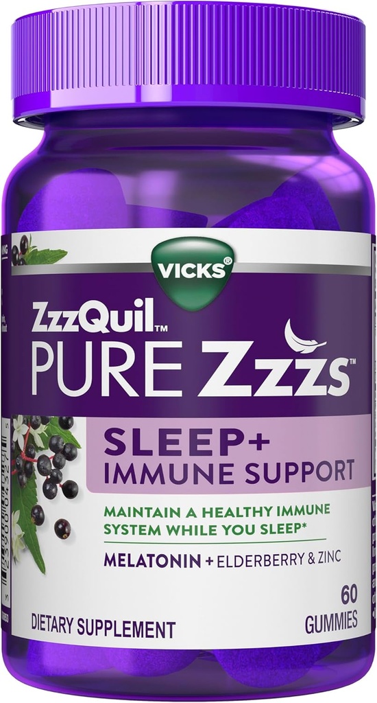 ZzzQuil Pure Zzzs Sleep + Immuunituki Melatoniinin unilääke Gummies with Elderberry, Sinkki, kamomilla, Laventeli, & Valerian Root, 1 mg per Gummy, 60 tl