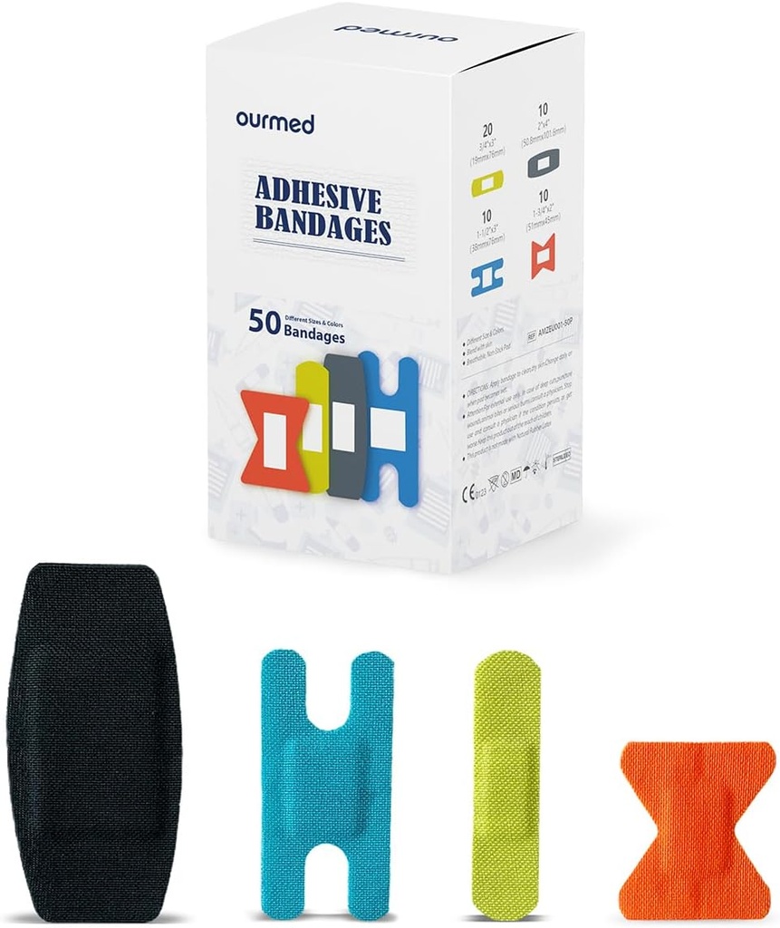 Joustava Fabric Bandges Non-Stick Pad, Latex ilmaiseksi, Sateenkaari värit liimaa Bandage Ensiapu Haavojen hoito leikkeet, scrapes, rakkuloita, valikoituja kokoja, 50 kreivi