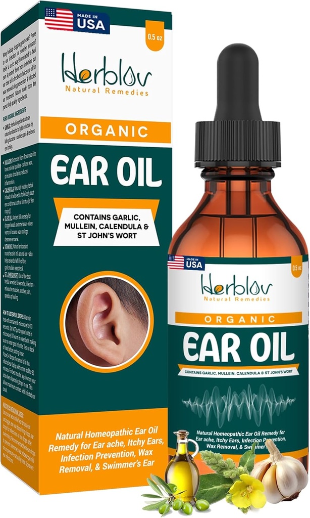 Organisk öronolja för öroninfektioner - Naturördroppar för infektionsförebyggande, Swimmer's Ear & Wax Removal - Barn, Vuxna, Baby, Dog Earache Remedy - med Mullein, Garlic, Calendula, Made in USA