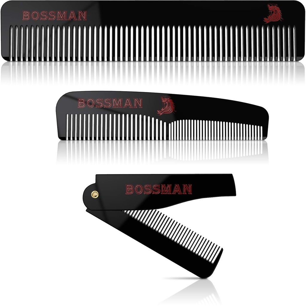 Bossman Acetate parta, viikset, & kampa sarja 3 - Combs for Miehet Minimalistinen Magneettinen Box (7,5-tuumainen, 5-tuumainen, 3,5-tuumainen) - Ominaisuudet Pyöristetty hampaita, Double-Sided hampaita, ja taitettava muotoilu