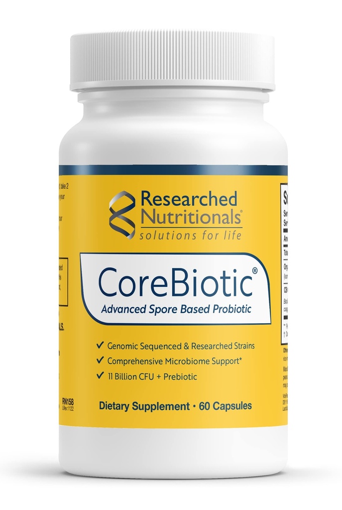 Forskade näringsämnen Gut Health Supplements med prebiotika och probiotika för kvinnor och män - CoreBiotic - 3 Spore Based Probiotic Strains + Organic Prebiotic Fiber - Shelf-Stable (60 kapslar)