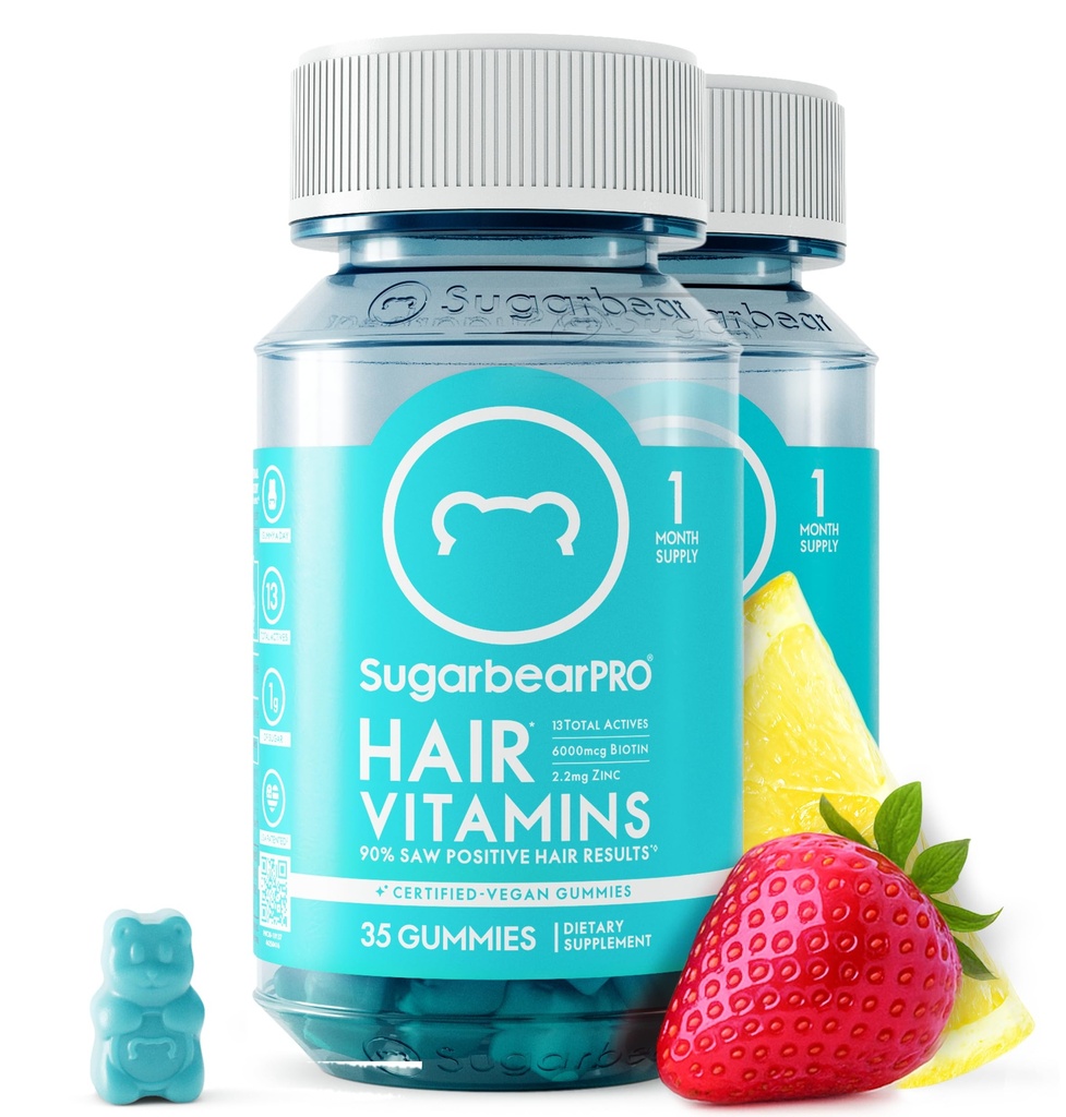 Sugarbear Hair Vitamin Gummy 2 Month Supply Extra Strength Biotin 6000mcg, Tillväxt för Män & Kvinnor, Vegan Vitamin B12, MSM, Inositol, Omega 3, Elderberry, Certified Kosher, Halal, Cruelty-Free