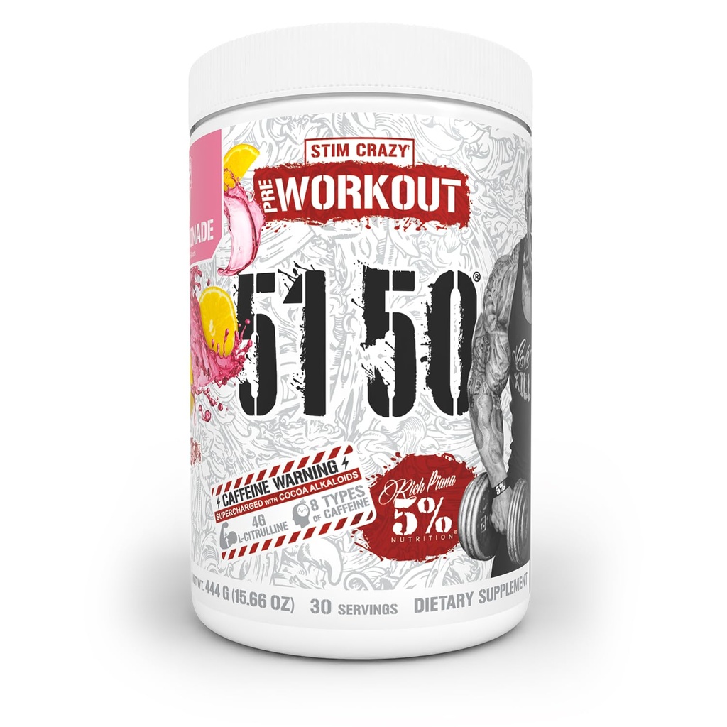 5% Nutrition Rich Piana 5150 High Stim Pre-Workout Powder | Extreme Energy, Focus, Pumps & Endurance | 400 mg Koffein, Citrulline, Beta Alanine, N-Acetyl L-Tyrosine | 30 Srvgs (Pink Lemonade)