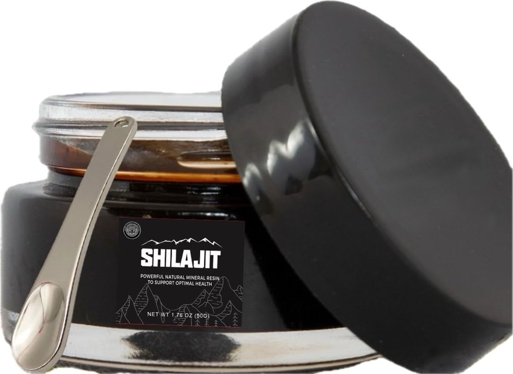 Shilajit Resin ... Aito Himalajan Gold Grade Harvennettu 16 000-18 000 ft... Puhdasta suodattamatonta 85+ Trace Minerals and Fulvic Acid for Energy and Immuunituki 50 gramman pullo spoonilla