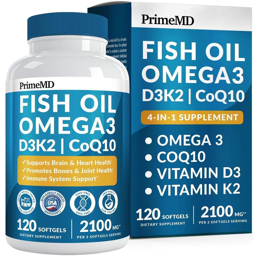4-i-1 Fiskolja Omega 3 Fatty Supplements (2100mg) - Omega 3 Fiskolja med vitaminer D3 K2 och Q10 - Lemon Flavored (120 softgels)