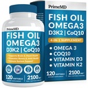 4-in-1 Fish Oil Omega 3 rasvalisät (2100mg) - Omega 3 Fish Oil vitamiineja D3 K2 ja CoQ10 - Sitruunamakua (120 pehmeää)