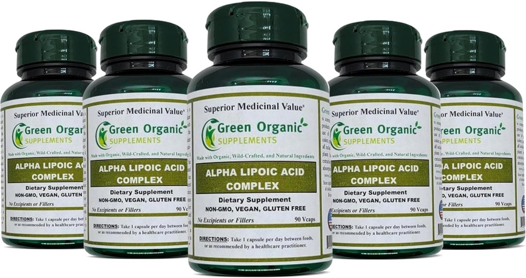 Green Organic Supplements "Alpha Lipoic Acid Complex, ALA, 90 VCaps Alpha Lipoic Acid Capsules (Pack of 5)