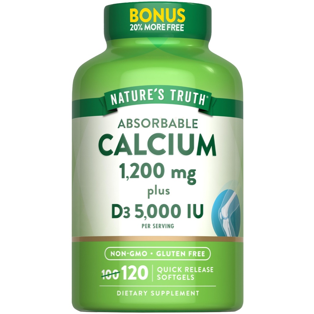 Nature's Truth Absorbable Calcium 1200 mg D3-vitamiini 5000 IU ... 120 Softgels... Kalsiumkarbonaatti...