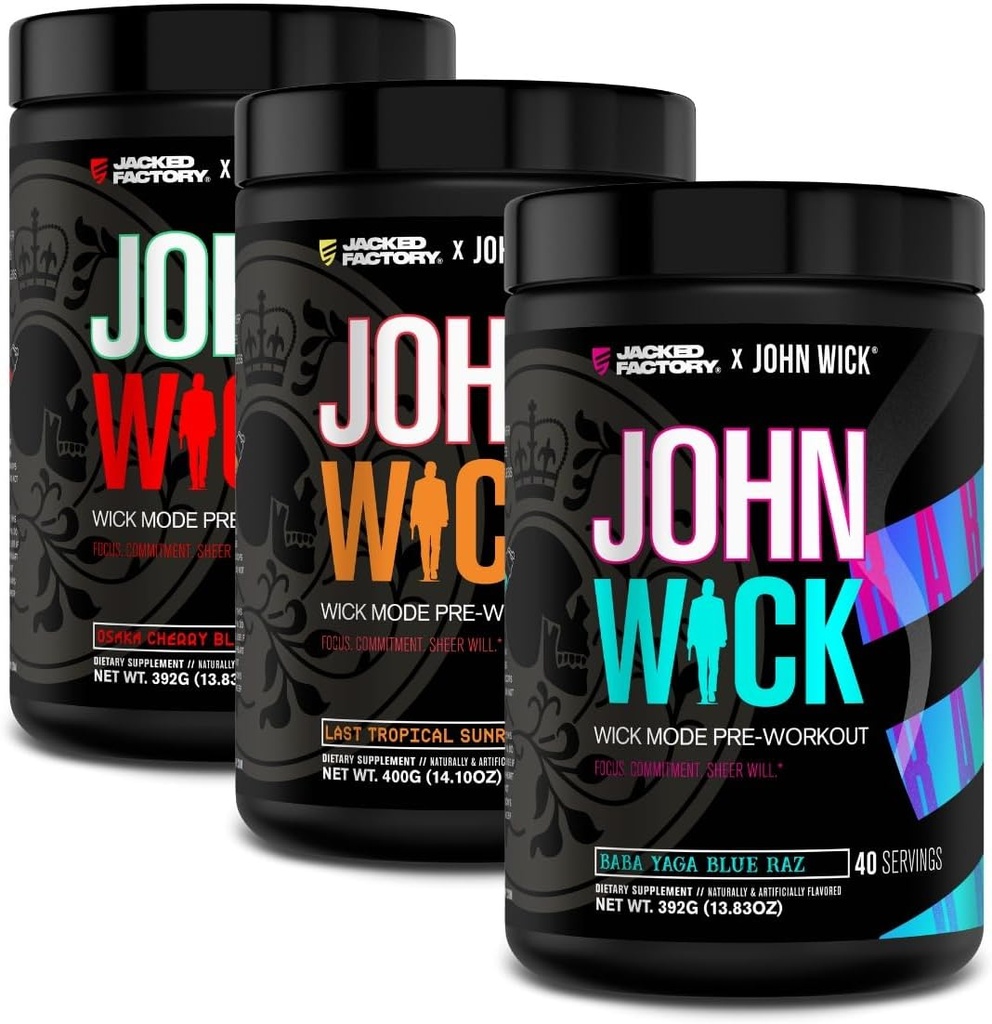 Jacked Factory X John Wick - Wick Mode Pre Treenout Powder - Intense Energy, Battle-Ready Focus, pysäyttämätön sitoutuminen, ja Sheer Will - 120 Palvelimet (3-Pack)