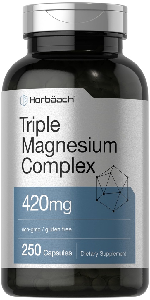 Horbäach Triple Magnesium Complex | 420 mg | 250 kapslar | Non-GMO och Gluten Free Formel | Magnesium Oxide, Citrat och Aspartate Dietary Supplement