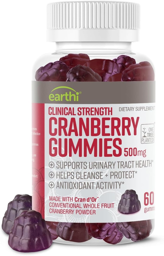 Clinical Strength Cranberry Gummies 500mg - Virtsateiden tuki Terveys naisille ja miehille - Antioksidantti Superfood puhdistaa & suojaa - Cran d'Or Cranberry Powder täydennysosa (60 Gummies)