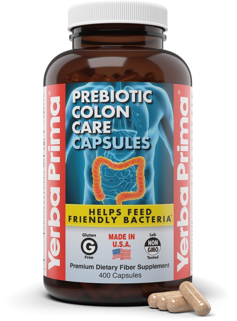 Yerba Prima Prebiotic Colon Care Capsules, 400 Caps - Fem Formulär av Fiber Plus FOS Pre-biotika - Kosttillskott - Hälsosam lösa och olösliga fibrer för reglering och matsmältningsstöd