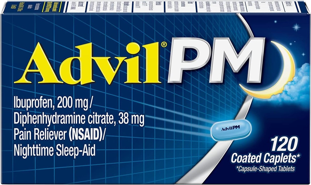 Advil PM (120 kreivi) Pain Reliever/Nighttime unilääke päällystetty Caplet, 200 mg Ibuprofeeni, 38 mg Difenhydramiini (Pakkaus 2)