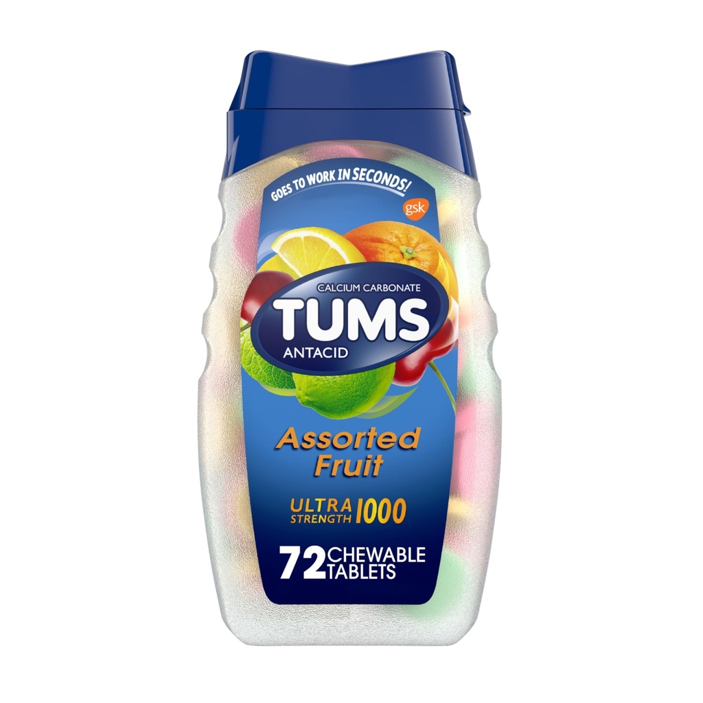 TUMS Ultra Strength Antasidit tabletit puruhermon närästys ja happo ruoansulatushäiriöt helpotus, valikoituja hedelmiä - 72