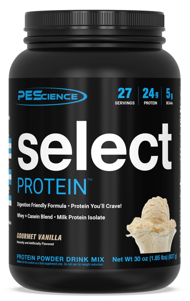 PEScience Välj Proteinpulver, Whey och Casein Blend, Ren proteinpulver för kvinnor och män, Låg kalori, Låg Carb, Keto Friendly, Gluten Free - Gourmet Vanilla - 27 portioner