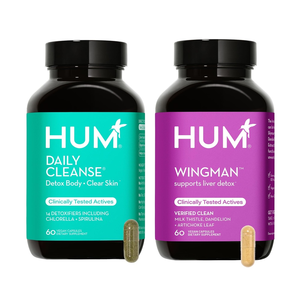 HUM Täysi ihon ja maksan terveys täydentää ravitsemus, siiveke ja Daily Cleanse Green Detox & Milk Thistle ihonhoito tuki ja maksan terveys, 2 Pack Bundle, 60 vegan kapselia