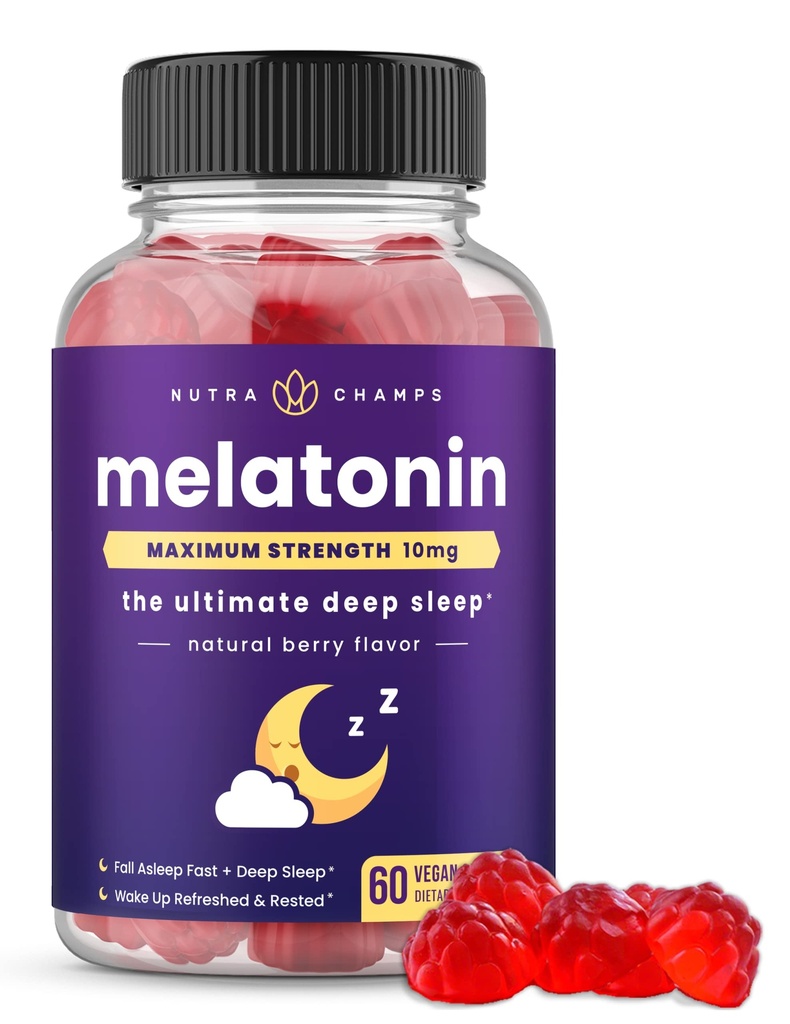 NutraChamps Melatoniini Gummies aikuisille, Extra Strength unilääke vitamiineja, 5 mg tai 10 mg annos, vegaaninen luonnollinen mansikka maku täydentää parempaan uneen, terveet uni syklit, 60 Gummy