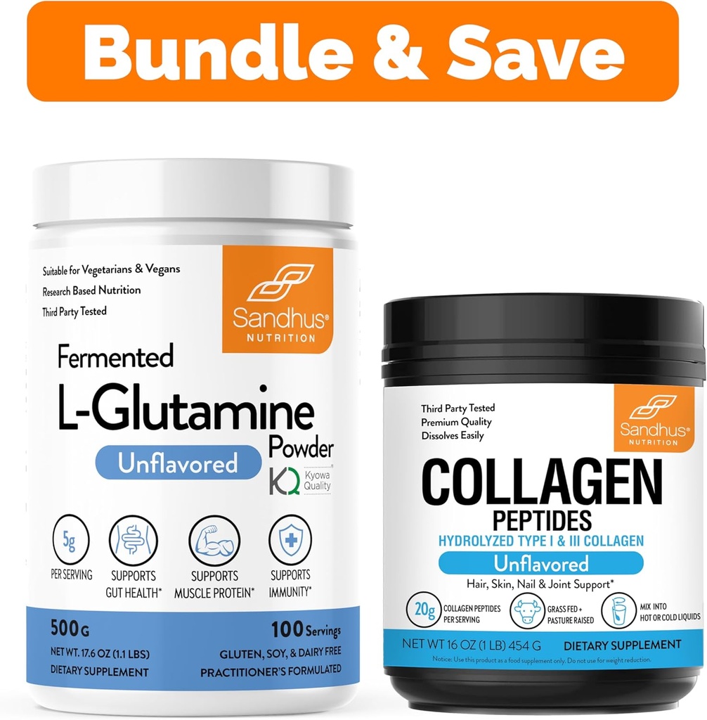 Sandhun L-glutamiinijauhe 100 tarjoilua, 500g, 17.6 Oz., suuri koko, 3 kuukautta toimitusta ja kollageenia Peptides Powder ... tukee lihasten, Gut Health, nuorekas iho, hiukset, kynsien & liikkuvuus