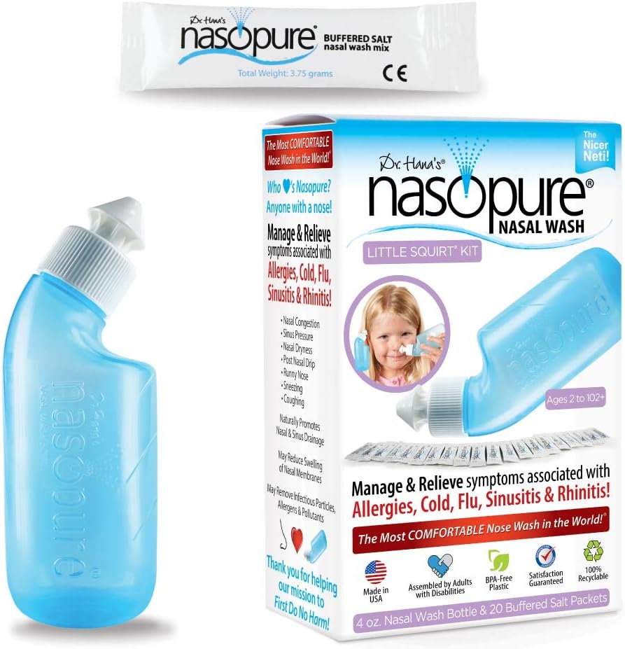 Nasopure Nasal Wash, Pikku Squirt Kit, ... Niceer Netti Pot... Sinus Washing Kit, Miellyttävä Nasal Huuhtelu 4 Oz pullo & 20 suolapakkaus (3.75 Gr Each), Nasal Ruuansulatus, Kylmä, Allergia, Nenän kastelu