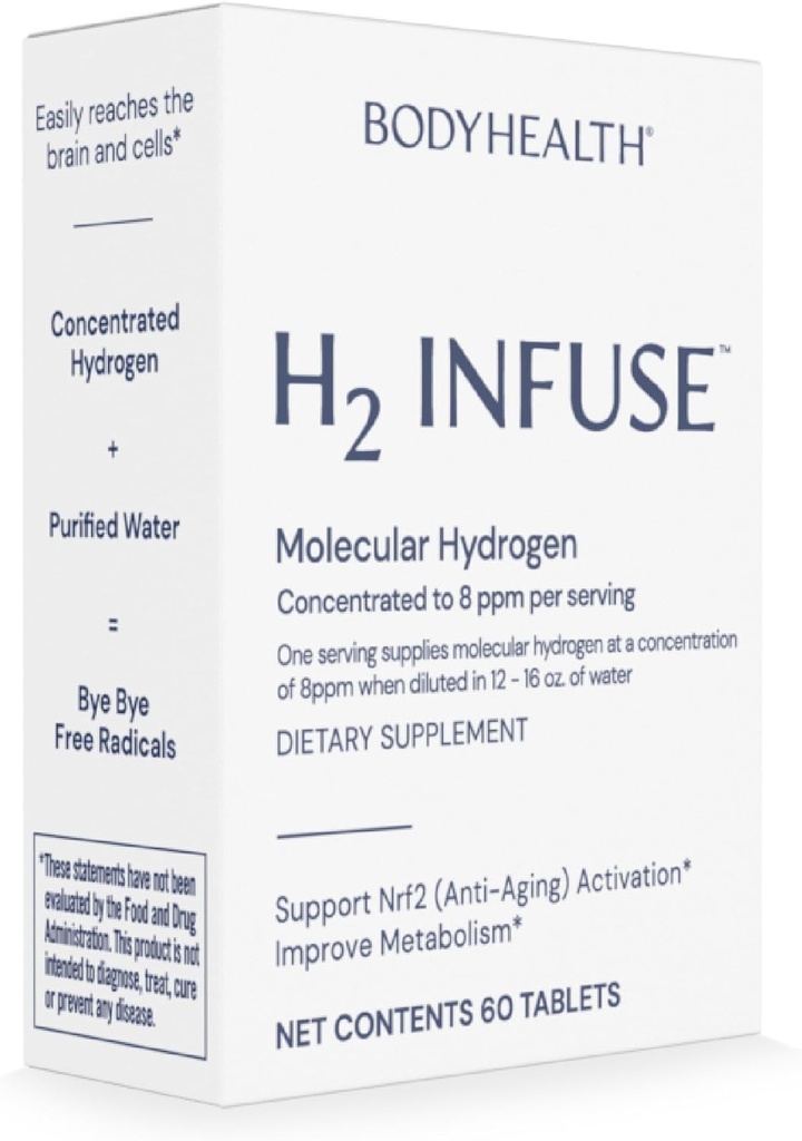BodyHealth H2 Infuze Molecular Hydrogen Tablets, Tablets for Juomavesi, Elementaali Magnesium tukea aineenvaihduntaa molekyylivety vesi - 60 tablettia