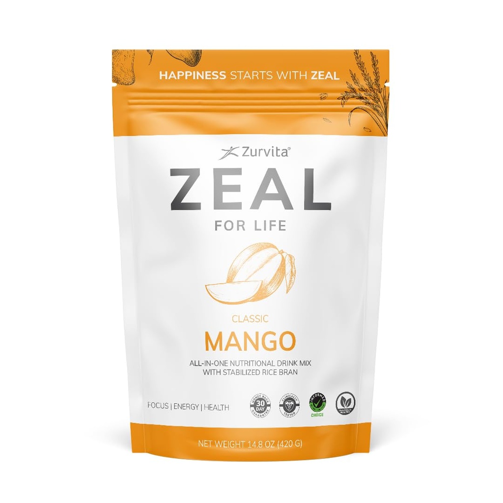 Zurvita Zeal for Life Wellness Drink Mix - Mango Flavor - Gluten-Free, Vegan, med Biotin, Vitaminer B12, C, D, E, Iron, Magnesium - 30 portioner (420g)