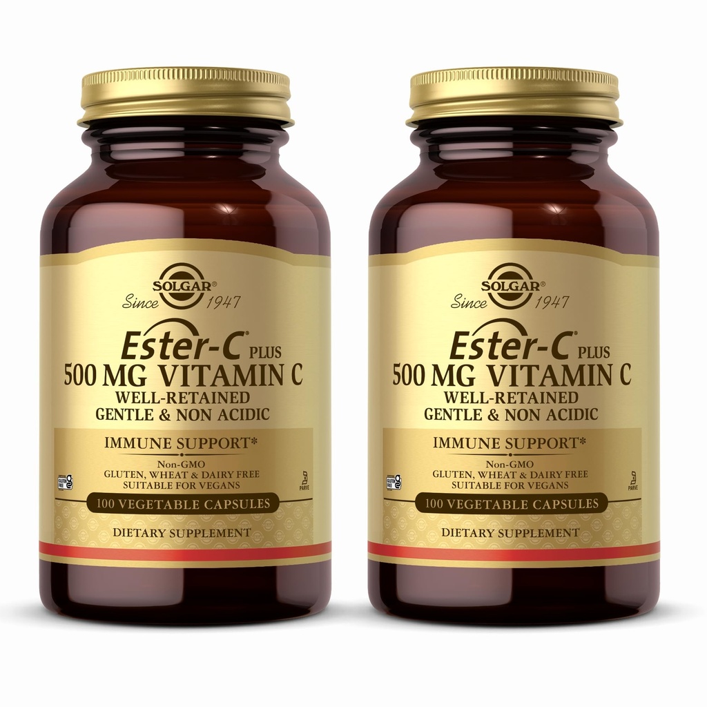 Solgar Ester-C Plus 500 mg C-vitamiini (Asorbaattikompleksi) - 100 kasvikapselia, 2 pakkaus - Antioksidantti ja immuunituki - ei-muuntogeenisiä organismeja, vegaaneja, gluteeniton, Kosher - 200 tarjoilua