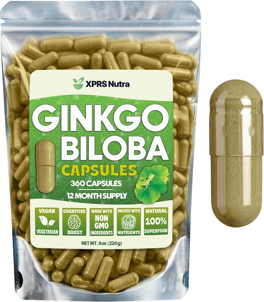 XPRS Nutra Ginkgo Biloba Kapselit - Gingko Biloba Kapseleita Kognition lisäravinteet - Vegaani Friendly Ginkoba Biloba - Immuniteetti Ginkgo Biloba Kapselit - 360 Count