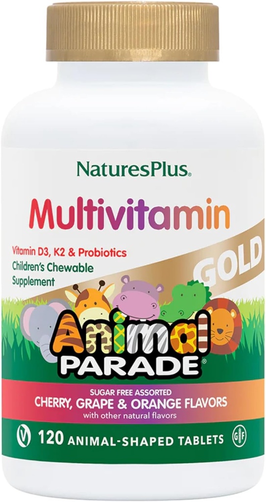NaturesPlus Animal Parade Gold Children's Multivitamiini - valikoitu kirsikka, appelsiini ja viinirypäle Makuja - 120 Animal-muotoinen purutabletti, pakkaus 4 - Vegan, Gluteeniton - 240 Yhteensä tarjoilut