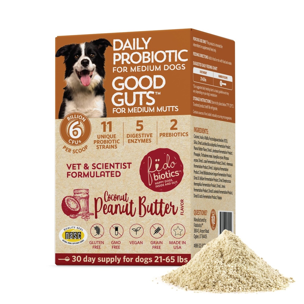 Fidobiootit Good Guts for Medium Mutts Probiootti koirille, 6 miljardia PMY, 11 kanta, 5 Ruoansulatuskanavan entsyymit, 2 Prebiootit, Ruoansulatuskanavan terveys koirille, aikuisten & pentu Probiootit täydentää (30 päivää)
