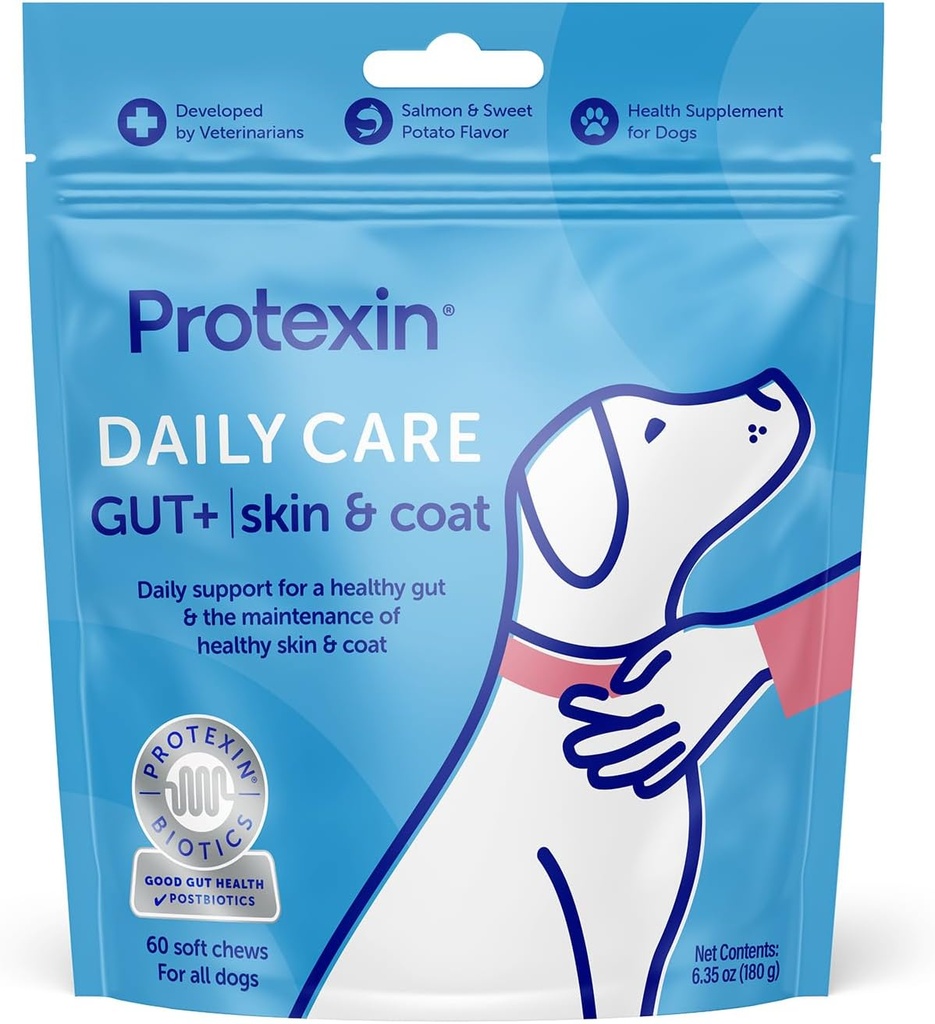 Protexin Päivittäinen hoito Gut+ iho & takki 60 koiran pureskella, lohi ja makea peruna maku koira täydentää Probiootit koirille, koira Postbiootit