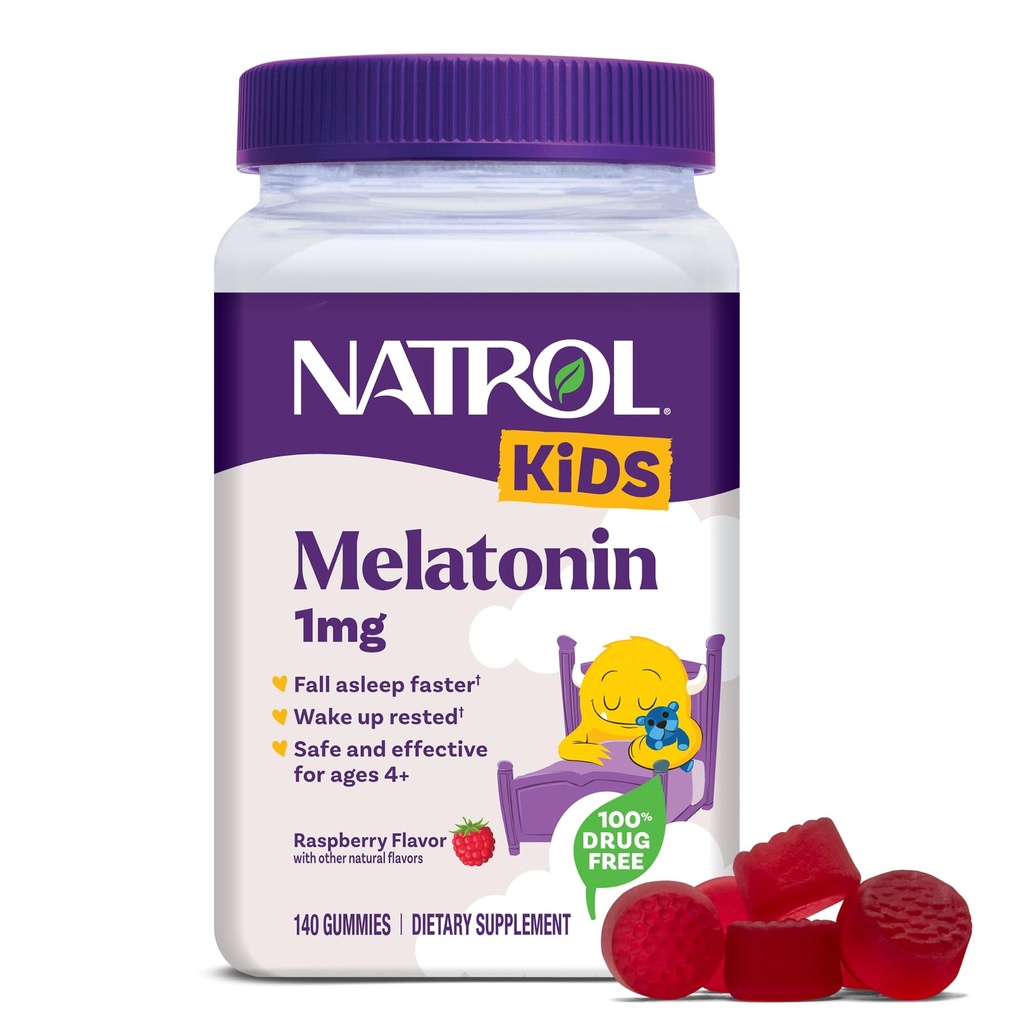 Natrol Kids Melatoniini Gummies 1mg, Lasten melatoniini lepoun, 140 Vadelma-Flavored Uni Gummies, 140 päivän tarjonta